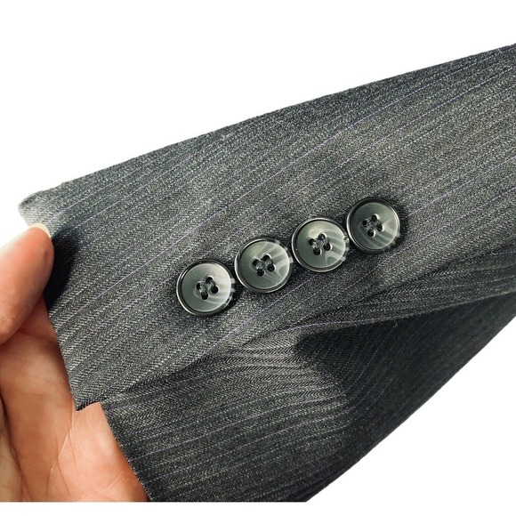 Tom James Wool 2PC Suit Mens 44L Pleated Cuff Pants 38x33 Gray Purple Stripe - Picture 4 of 16